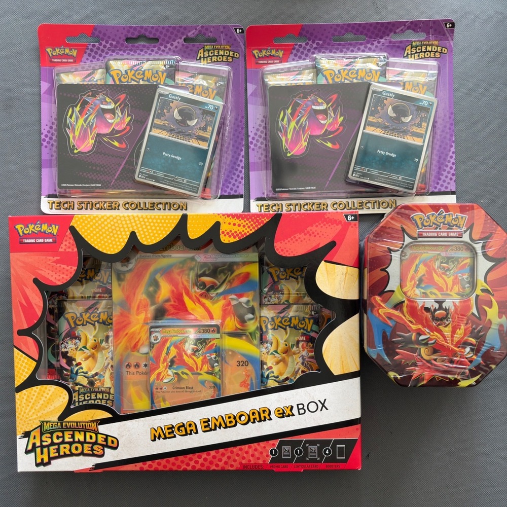 Pokemon Mega Evolution Ascended Heroes Lot Mega Emboar ex Box Tin Gastly Blister